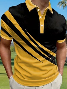 Polo de Manga Corta para Hombre, Corte Ajustado, Color Negro con Rayas Diagonales Amarillas, Cuello Deportivo - Product Image 4