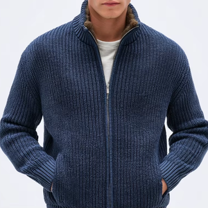 Pull cardigan zippé pour homme avec col en fausse fourrure amovible, double fermeture éclair, tricot épais et confortable, personnalisable, automne/hiver - Product Image 1