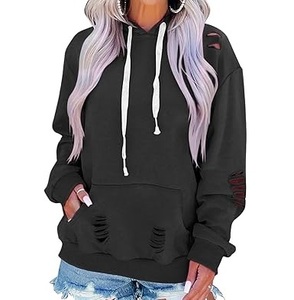 Wholesale OEM Custom Black Color Oversized Fleece Distressed Rip Hoodie French Terry Pullover Hooded Distress Breathable - Product Image 4