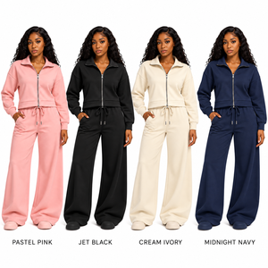 Ensemble de détente pour femme avec sweat-shirt à col rabattu et pantalon palazzo à cordon de serrage, pour usage quotidien - Product Image 5