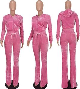 <b>Women</b> <b>Velvet</b> <b>Tracksuit</b> Two Piece Set Zip Up Hoodie Crop Top and Long Pants Casual Sportswear Activewear Wholesale - Product Image 3