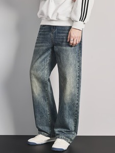 Vaqueros de mezclilla de pierna ancha teñidos estilo vintage para hombre |   Pantalones Azules Holgados de Corte Relajado |   Pantalones Vaqueros Retro de Pierna Recta para un Estilo Casual y Urbano - Product Image 4