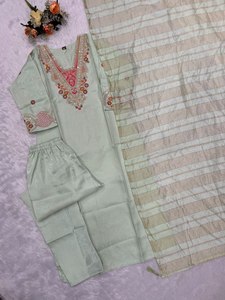 <b>Women</b>’s Premium Glass Roman Silk <b>3</b>-<b>Piece</b> Embroidered <b>Suit</b> Set with Sequin Work & Chanderi Zari Border Dupatta - Product Image 2