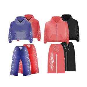 Unisex Streetwear Tracksuit Set Hooded Zipper Sweatshirt With Rhinestone <b>Details</b> And Drawstring Pants Solid Color Full Sleeve - Product Image 2