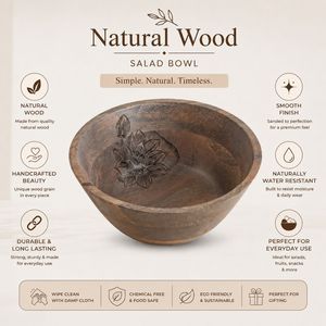 Bol à salade en bois naturel artisanal de qualité supérieure, gravé, écologique, pour servir des fruits, des collations, décorer la table de cuisine ou de salle à manger - Product Image 5