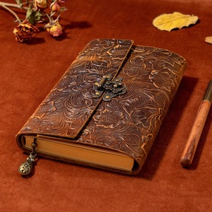 Vintage Printed Embossed Leather Journal with <b>Lock</b> Clasp Handmade Full Grain Spiral Binding Notebook - Product Image 1