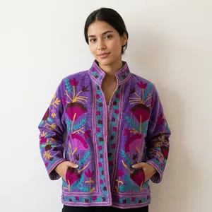 Women's Purple Velvet Embroidered <b>Quilted</b> <b>Jacket</b> with Floral <b>Pattern</b> Stand Collar Full Sleeve Autumn Style Cotton Lining - Product Image 3