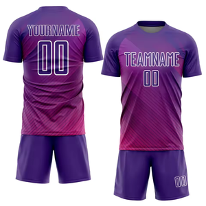 Conjunto de Camiseta y Pantalones Cortos de Fútbol Personalizados con Franjas Diagonales Moradas y Magenta, Uniforme de Fútbol con Nombre y Número del Equipo - Product Image 1