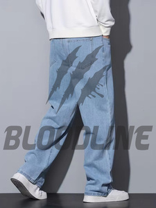 Men's Wide Leg <b>Bleach</b> Stone Wash Denim Jeans Loose Fit Plus Size Casual Cotton Midweight Woven Button Fly Vintage Fashion - Product Image 2