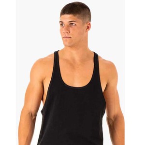 Camiseta sin mangas de algodón negro transpirable para hombre, con bordado a máquina, cuello redondo, color liso, tejida, informal, para entrenamiento, fitness y gimnasio. - Product Image 3