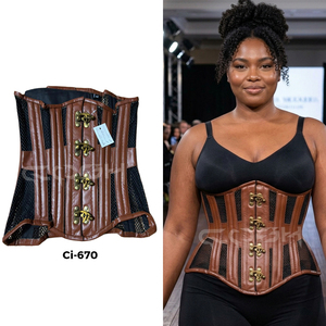 Corsé de cuero marrón con varillas de acero, estilo underbust, para curvas extremas, con paneles de malla negra |   Cierre Antiguo de Estilo Vintage sin Costuras con Soporte Firme - Product Image 5