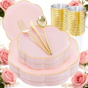 Set di stoviglie in plastica rosa da 180 pezzi con bordo oro e argento, piatti usa e getta per tè pomeridiano, matrimoni e feste - Product Image 1