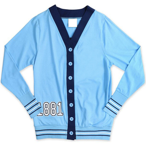 Cardigan en tricot bleu clair à col en V pour femme avec imprimé numérique, style preppy, manches longues, fermeture boutonnée - Product Image 1