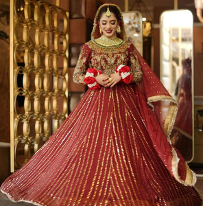 Luxurious Red Embroidered Sequined Organza Ball Gown Dress with V-neck Full <b>Sleeve</b> Silk Lining Floor-Length Formal Wear - Product Image 1