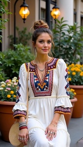 Elegante Vestido Maxi Bohemio con Bordado Tribal para Mujer, Diseño Étnico de Inspiración Vintage en Tela Blanca Suave, Vestido Largo Fluido - Product Image 2