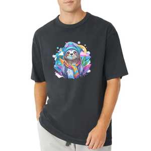 เสื้อยืดผู้ชายลายการ์ตูนสลอธสีชมพู พร้อมหมวกและผ้าพันคอ พิมพ์ลายดิจิทัล แขนสั้น คอกลม ทรงลำลอง ผ้าเจอร์ซีย์ 100% ผ้าฝ้าย - Product Image 3