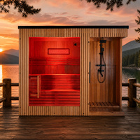 Sauna extérieur en cèdre rouge avec WiFi intelligent en option, thérapie par lumière rouge, sauna vapeur en forme de cube, panoramique, 3-4 personnes, certifié ETL, avec terrasse