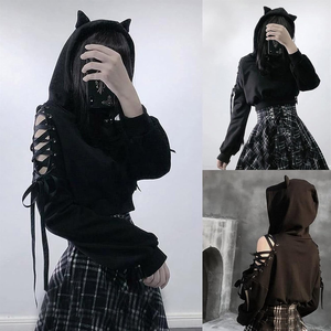 Haut à capuche noir à imprimé animal avec oreilles de chat, éco-responsable, à manches courtes et épaules dénudées, style gothique punk, streetwear, séchage rapide, pour l'automne - Product Image 5