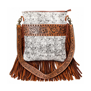 Handmade Hair On Cowhide Leather Crossbody Bag Western Tooled Fringe Shoulder <b>Purse</b> <b>with</b> Floral Hand Carved Sling Bag for Women - Product Image 1