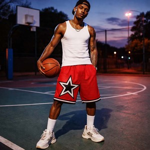 Pantalones Cortos de Baloncesto con Estampado de Estrellas para Hombre, Pantalones Cortos Deportivos Casuales de Malla Roja para Verano - Product Image 4