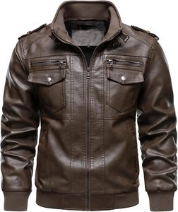 Men Brown PU Leather Embossed 220g Hooded Moto <b>Biker</b> <b>Jacket</b> Zipper Front Solid Color Regular Sleeve Autumn Style - Product Image 2