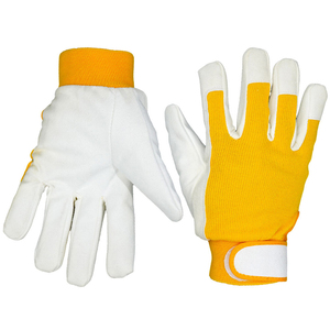 Gants de travail confortables en cuir blanc avec paume jaune et rouge, dos respirant, pour mécaniciens, ateliers de construction - Product Image 1
