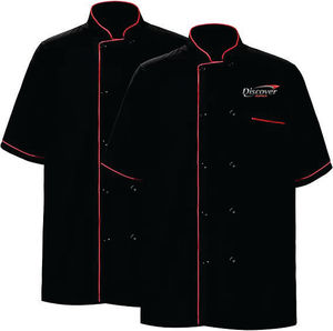 Découvrez la veste de chef à manches courtes noire avec bordure rose, fermeture à boutons, uniforme de restaurant pour homme, tissu tissé - Product Image 1