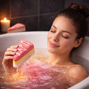 Pink <b>Cake</b> Shaped Bath Fizzers Handmade Plant Based Cute <b>Slice</b> Design <b>for</b> BATHING OEM available export quality bath ball - Product Image 5