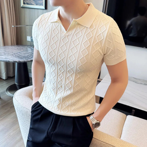 เสื้อโปโลผู้ชายแบบสวมใส่สบายสำหรับฤดูใบไม้ร่วงและฤดูหนาว ทรงเข้ารูป แขนสั้น คอปกพับได้ ถักทออย่างประณีต - Product Image 5