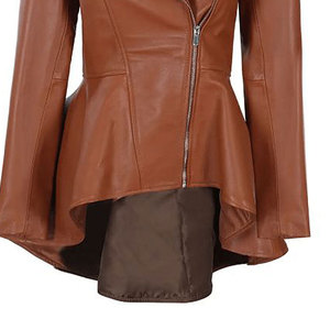 Women's Cognac Brown Wax Peplum 100% Real Lambskin Leather Asymmetrical Zip Closure <b>Jacket</b> - Product Image 5