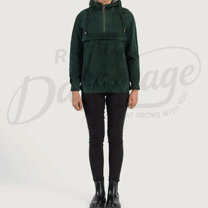 Women Emerald Green Genuine <b>Suede</b> Leather Anorak <b>Jacket</b> Hooded Pullover Slim Fit Premium Goat <b>Suede</b> Half-Zip Streetwear Hoodie - Product Image 5