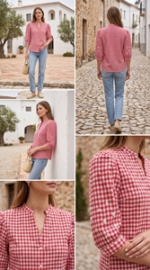 <b>Women's</b> <b>Red</b> Plaid Cotton Mandarin Collar Short <b>Shirt</b> with Embroidery Three Quarter Sleeve Casual Button Down Spring Summer Wear - Product Image 1