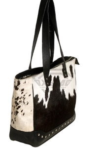 Cowhide Leather Tote <b>Bag</b> With Black White Print And <b>Studs</b> Fashion Shoulder Handbag For Women Wholesale Rate Cowhide <b>Bag</b> - Product Image 2