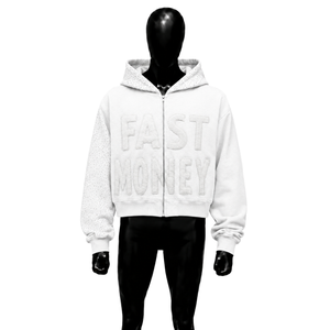 Felpa con Cappuccio Bianca di Alta Qualità con Grafica FAST MONEY, Moda Contemporanea, Felpa con Zip Goffrata, Streetwear Oversize da Uomo - Product Image 1