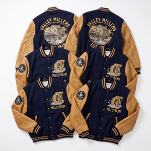 Blouson universitaire en laine bleu sarcelle avec broderie Inland Fleet Barge Tiller et manches en cuir marron, style bomber, vente en gros - Product Image 5