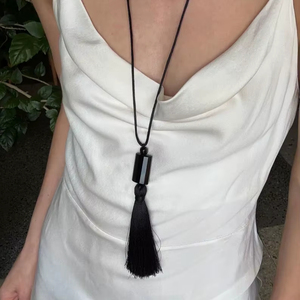 Black Tassel Pendant <b>Necklace</b> Long Cord Minimalist Boho <b>Statement</b> Handmade Fashion Jewelry for Women - Product Image 3