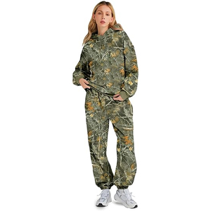 Conjunto de Sudadera con Capucha de Algodón y Forro Polar para Mujer, Pantalones Deportivos de Pierna Recta, Atuendo Cómodo con Estampado de Camuflaje - Product Image 1