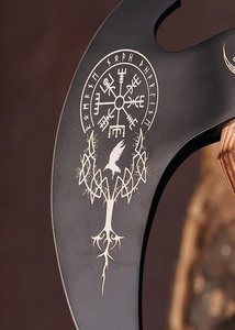 A&M Enterprises Handmade Ulu Style Pizza Cutter <b>Axe</b> with Black Finish Vegvisir and Deer Antler Etched Blade Curved Zebra <b>Wood</b> - Product Image 2