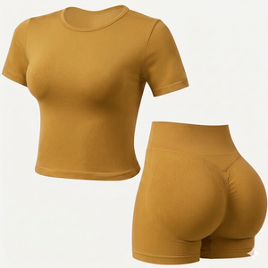 Lightweight <b>compression</b> Womens mustard yoga Set <b>Short</b> Sleeve Fitness Top quick dry High Waist Scrunch <b>Shorts</b> Gym Sportswear - Product Image 1