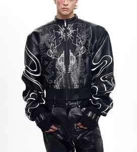 Chaqueta Bomber Impermeable de Cuero PU para Hombre, Corte Ajustado, con Patrón Bordado, Cuello Alto, Cierre de Cremallera, Estilo Urbano, Abrigo de Otoño con Forro de Piel - Product Image 3