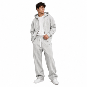 Conjuntos de sudadera con capucha y cremallera gris, chándales de invierno de forro polar oversize, fabricante de ropa con logotipo personalizado OEM ODM, chaqueta con capucha - Product Image 1