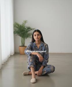 Ensemble de pyjama élégant pour femmes en coton bleu indigo tissé et imprimé à la main, ensemble de vêtements de détente artisanal en deux pièces, motif de chat fantaisiste, été - Product Image 3