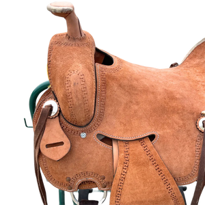 Silla de montar Western de resistencia, estilo ranchero, con grabados, de cuero genuino hecho a mano, con montura de madera de base ancha y herrajes de latón, tipo equipo ecuestre - Product Image 3