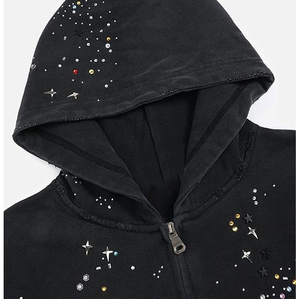 Sweat à capuche pour homme en mélange coton-polyester, teint en pièce, orné de strass, finition délavée, motif à carreaux - Product Image 2