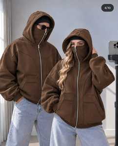 Sudadera con capucha unisex 2026 con cremallera completa, chaqueta de forro polar extragrande con máscara en la capucha, bolsillo canguro, venta al por mayor personalizada, ropa urbana OEM/ODM - Product Image 2