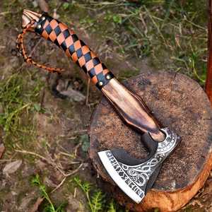 <b>Hand</b> Forged Tomahawk Axe With Wooden Handle And Checkered Leather Grip Outdoor Survival <b>Tool</b> - Product Image 4