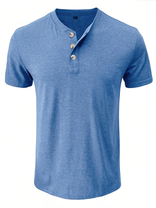 Men's Short Sleeve Henley T-Shirt Solid Color Knitted Cotton Casual Regular Fit Breathable V-neck Maroon Jersey Button-<b>Up</b> 180g - Product Image 2