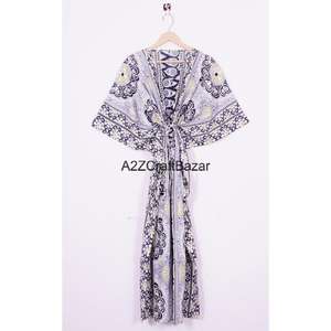 Vestido Abaya Largo para Mujer, Estampado a Mano, Estilo Kaftan, Informal, Hecho a Mano en Oriente Medio, de Algodón Puro, para Verano y Otoño - Product Image 1