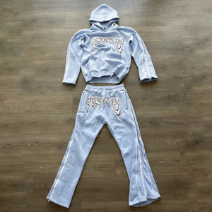 Ensemble de survêtement pour hommes, sweat-shirt à capuche et pantalon de jogging, bleu clair, imprimé lettres, coupe ample, longueur intégrale, streetwear, vêtements d'automne - Product Image 4