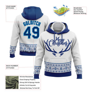 Sweat-shirt à capuche personnalisé avec numéro et nom, motif renne de Noël, pour homme, blanc et bleu, tricoté, pull d'hiver avec poche, impression par sublimation - Product Image 2